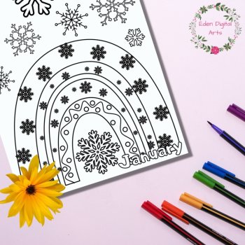 Winter Months 3 Coloring Pages Rainbows Hearts Snowflakes Seasons Class Posters, image 4