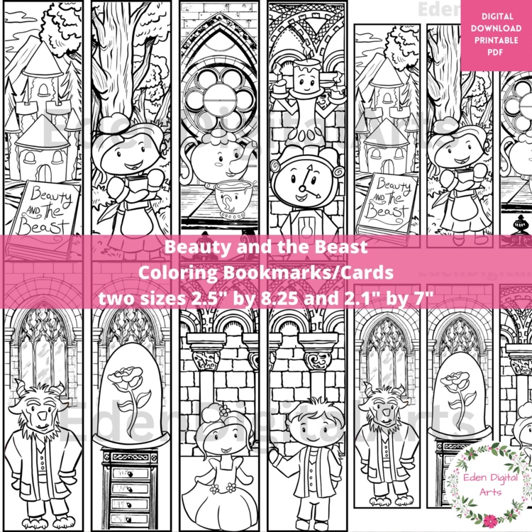 Beauty and The Beast Coloring Bookmarks Relaxing Calming Literary Craft Cards