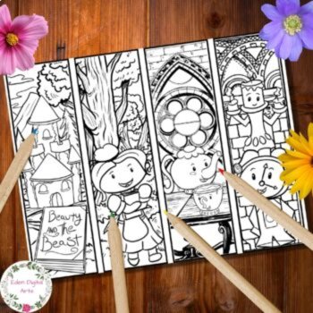 Beauty and The Beast Coloring Bookmarks Relaxing Calming Literary Craft Cards, image 2