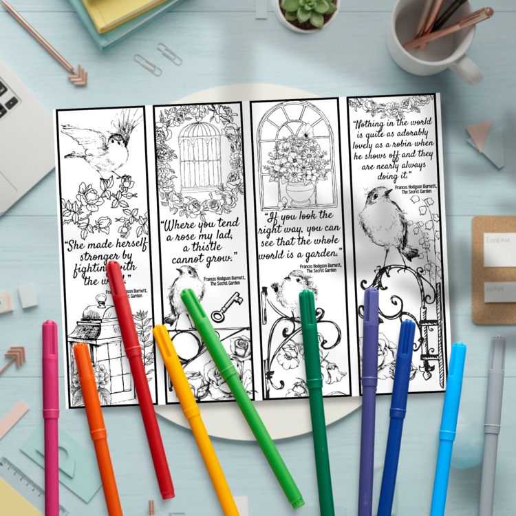 Secret Garden Quotes Coloring Bookmarks Cards with Birds & Flowers Gift Craft