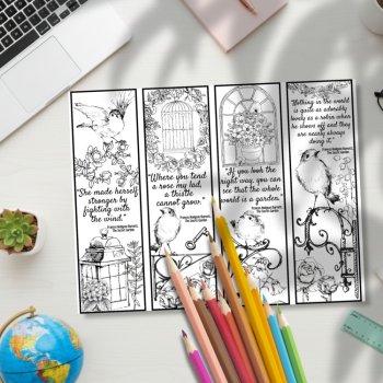 Secret Garden Quotes Coloring Bookmarks Cards with Birds & Flowers Gift Craft, image 2