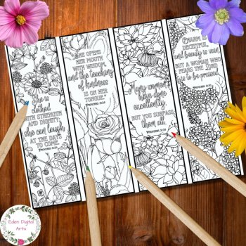 Proverbs 31 Woman Coloring Bible Verse Bookmarks Cards Floral Scripture Craft, image 2