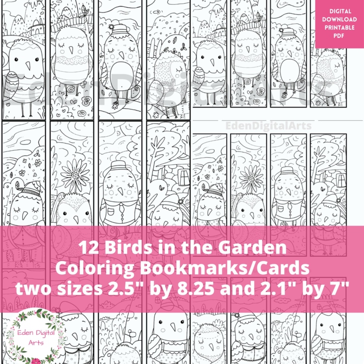 Bookmarks to Color Cute Folk Art Birds in the Garden Nature Relaxing Coloring