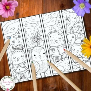 Bookmarks to Color Cute Folk Art Birds in the Garden Nature Relaxing Coloring, image 2