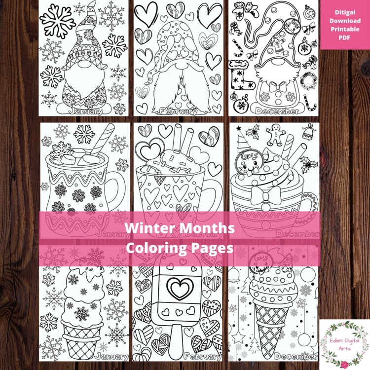 Winter Months Seasons 12 Coloring Pages Posters Gnomes Hot Cocoa Mugs Bundle