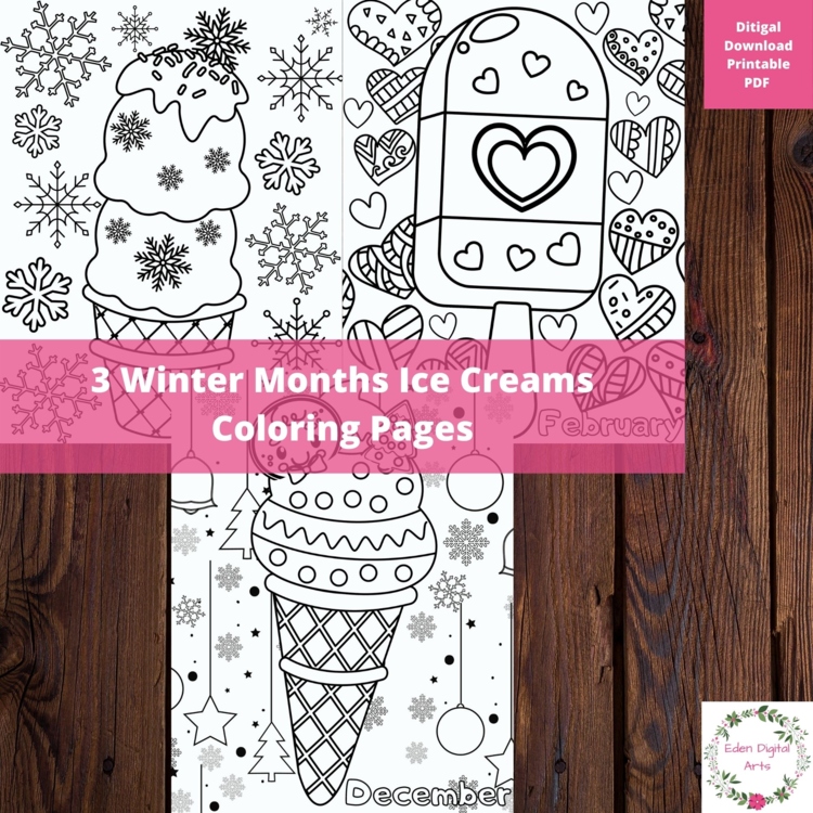 Winter Months Ice Cream Snowflakes Hearts 3 Coloring Pages Seasons Posters
