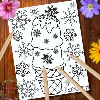 Winter Months Ice Cream Snowflakes Hearts 3 Coloring Pages Seasons Posters, image 2