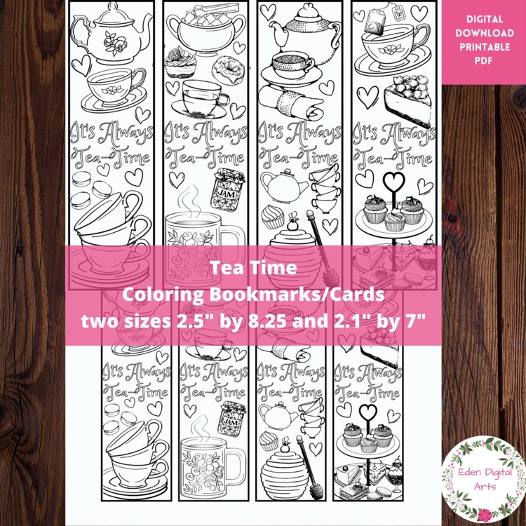 Tea Time Party Class Craft Coloring Bookmarks Cards, Alice in Wonderland Quote