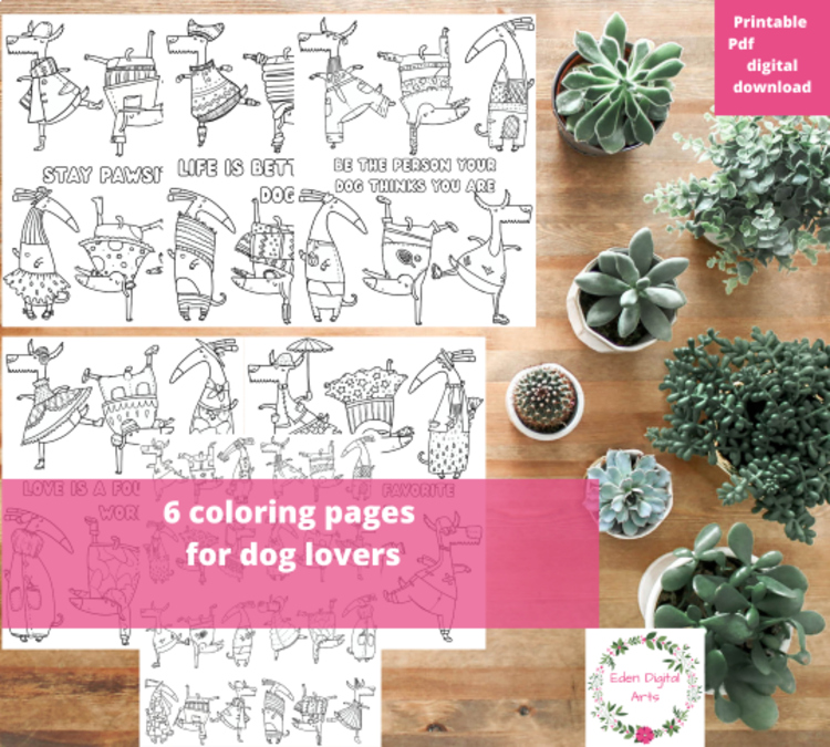 Funny Whimsy Dancing Dogs Relaxing Positivity Coloring Pages or Wall Posters