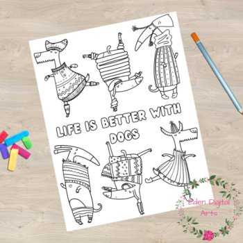 Funny Whimsy Dancing Dogs Relaxing Positivity Coloring Pages or Wall Posters, image 3