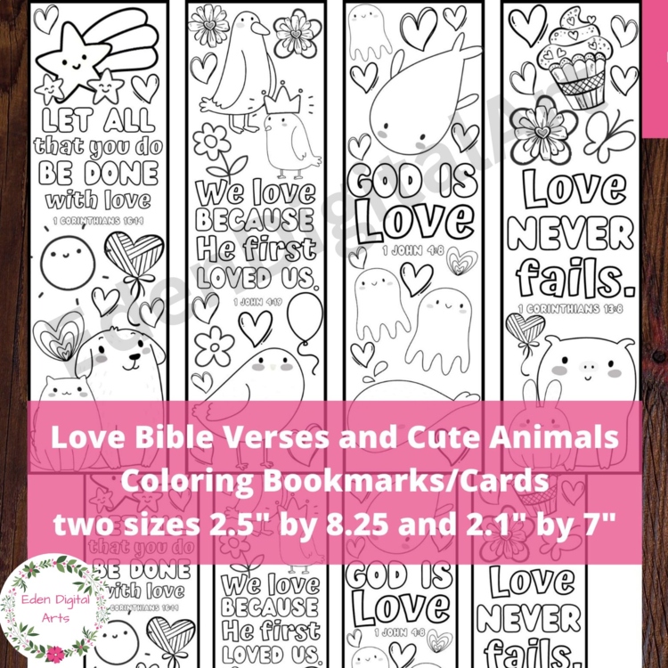 Love Bible Verses & Cute Animals Coloring Bookmarks Scripture Valentine Cards