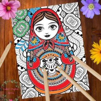 Folk Art Russian Nesting Dolls 6 Coloring Pages Relaxing Calming Cultural Craft, image 2