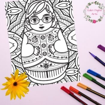 Folk Art Russian Nesting Dolls 6 Coloring Pages Relaxing Calming Cultural Craft, image 3
