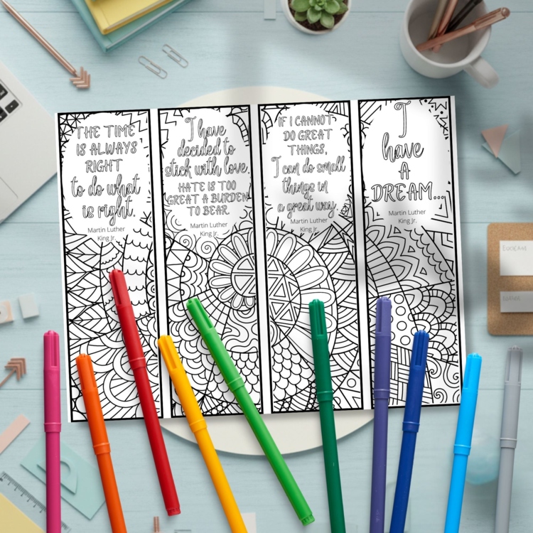 MLK Jr Quotes Coloring Bookmarks Black History Month Activity DIY Gift Craft