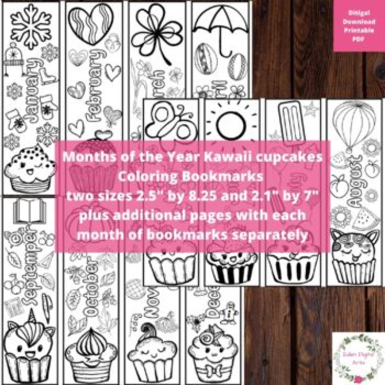 Months of Year Coloring Bookmarks Kawaii Cupcakes Craft Winter Spring Summer