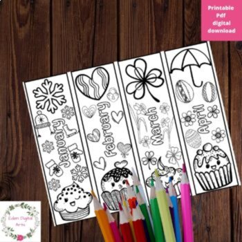 Months of Year Coloring Bookmarks Kawaii Cupcakes Craft Winter Spring Summer, image 2