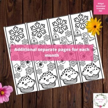 Months of Year Coloring Bookmarks Kawaii Cupcakes Craft Winter Spring Summer, image 3