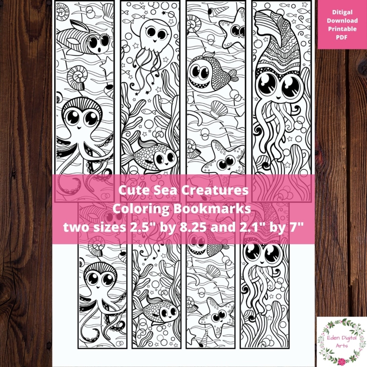 Cute Sea Ocean Life Animals Kawaii Coloring Bookmarks Relaxing Activity Craft