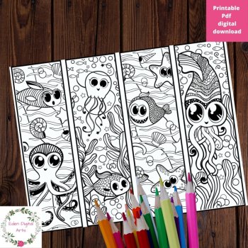 Cute Sea Ocean Life Animals Kawaii Coloring Bookmarks Relaxing Activity Craft, image 4