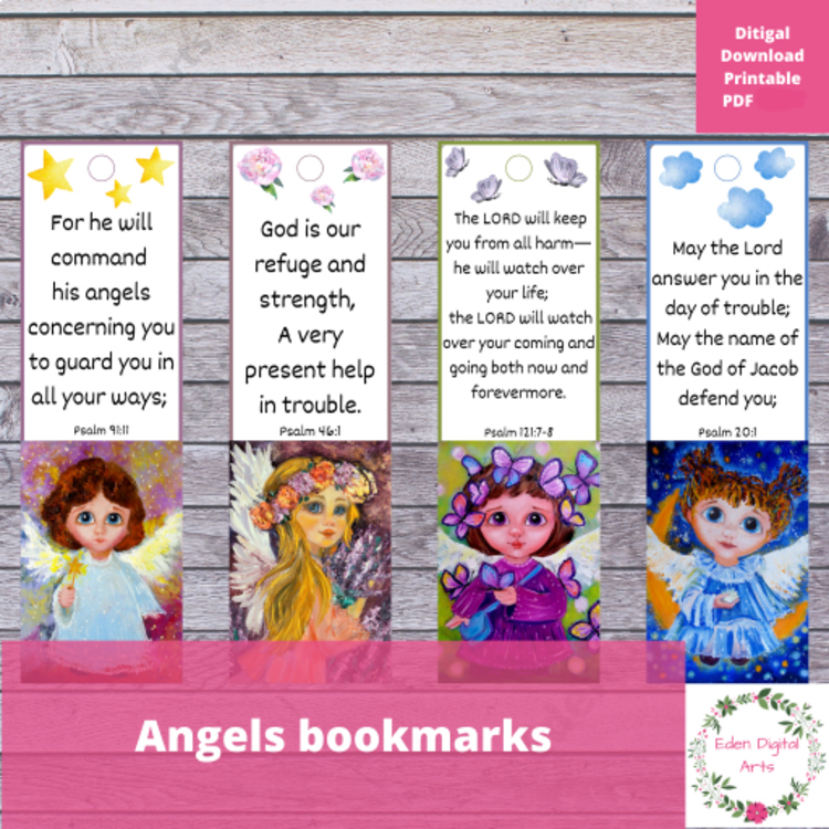 God's Protection Bible Verse Bookmarks Class Gift Tags Cute Angels Scripture