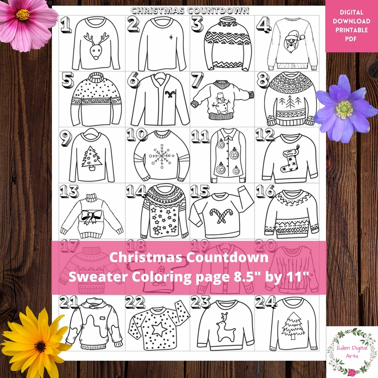 Christmas Countdown Ugly Sweater Coloring Calendar Advent Fun Craft Activity
