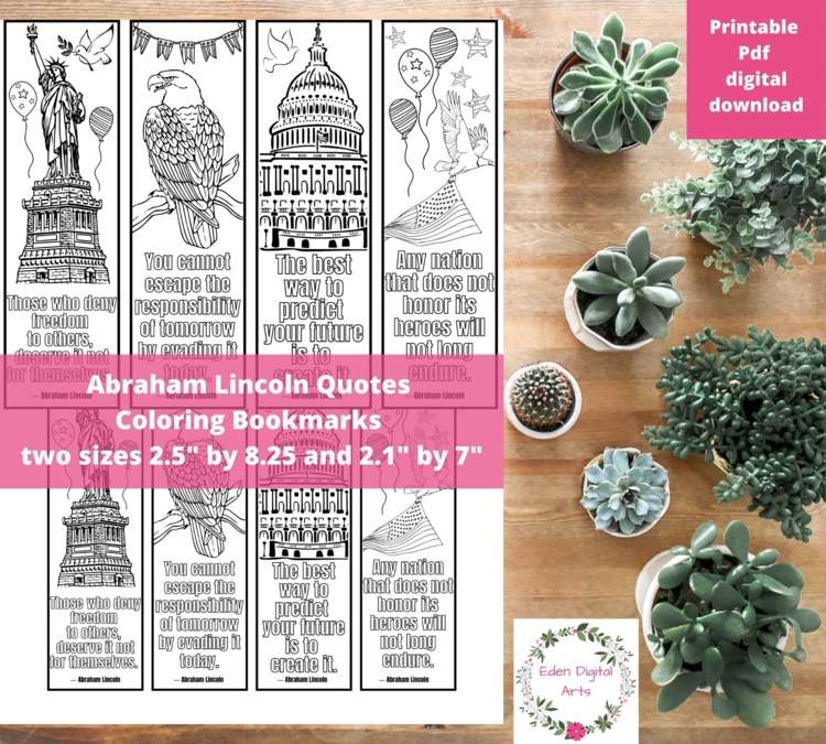 Abraham Lincoln Quotes Coloring Bookmarks President's Day Patriotic Craft Cards