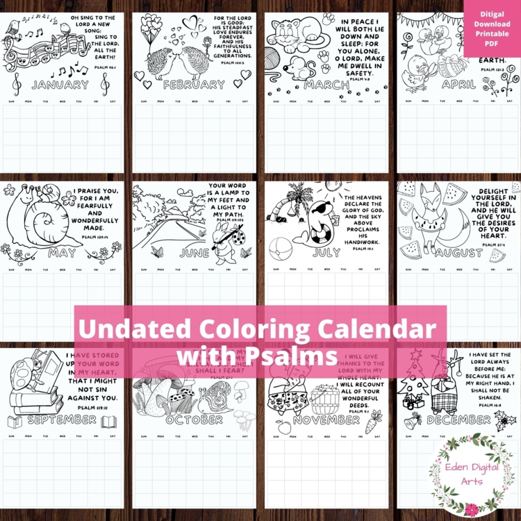 Cute Animals Christian Undated Coloring Calendar Bible Verses Psalms DIY Gift