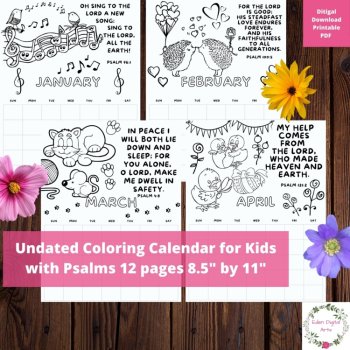Cute Animals Christian Undated Coloring Calendar Bible Verses Psalms DIY Gift, image 4