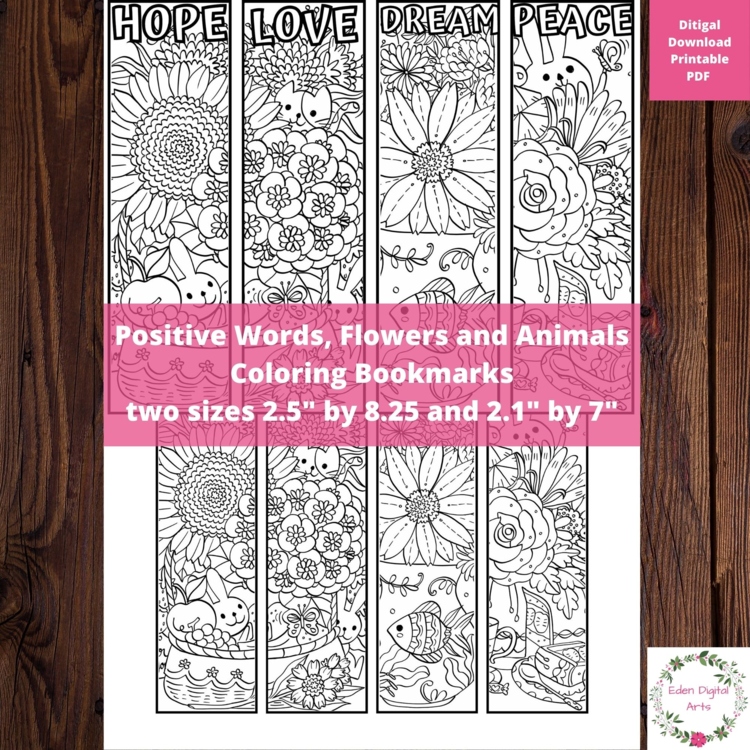 Whimsy Cute Animals Flowers Words Coloring Bookmarks Relaxing Kindness Craft