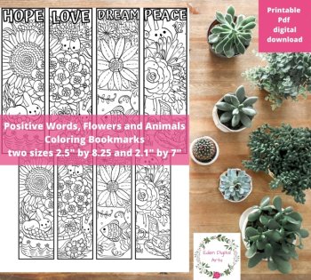 Whimsy Cute Animals Flowers Words Coloring Bookmarks Relaxing Kindness Craft, image 2