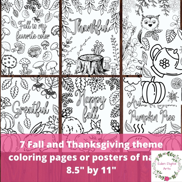 Forest Fall Gratitude 7 Coloring Pages Posters Leaves Pumpkins Mushrooms Quotes