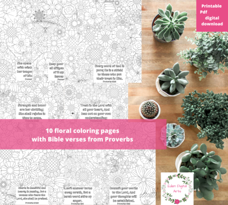 Floral Bible Verse 10 Coloring Pages Proverbs Scripture Wisdom for Women & Girls