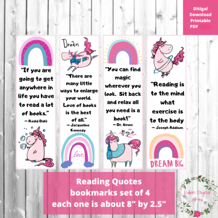 Famous Quotes on Reading Cute Pink Unicorn Bookmarks for Girls Dahl Seuss