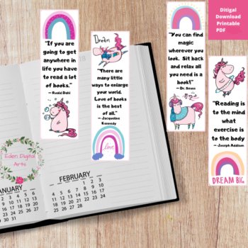 Famous Quotes on Reading Cute Pink Unicorn Bookmarks for Girls Dahl Seuss, image 2