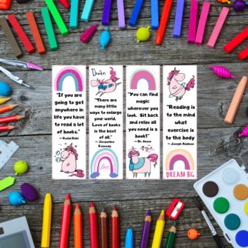 Famous Quotes on Reading Cute Pink Unicorn Bookmarks for Girls Dahl Seuss, image 3