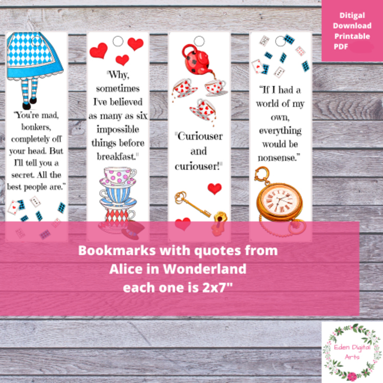 Alice's Adventures in Wonderland Quotes Bookmarks Class Gift Tags Favors
