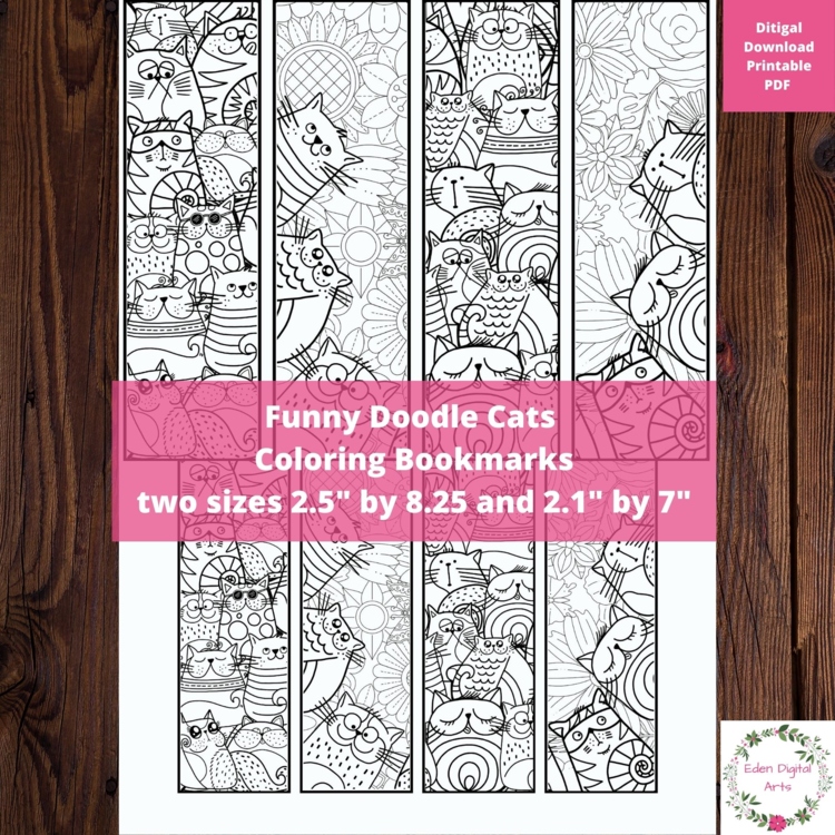 Zen Doodle Cute Cats Coloring Bookmarks, Positive Relaxing Activity Craft Cards