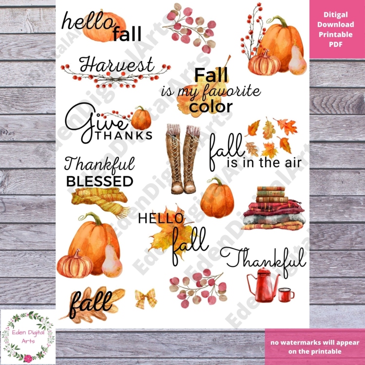Cozy Fall Thankful Print and Cut Watercolor Stickers Clipart Gratitude Pumpkins
