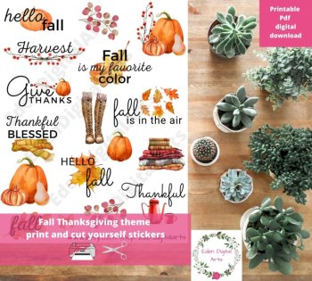 Cozy Fall Thankful Print and Cut Watercolor Stickers Clipart Gratitude Pumpkins, image 2