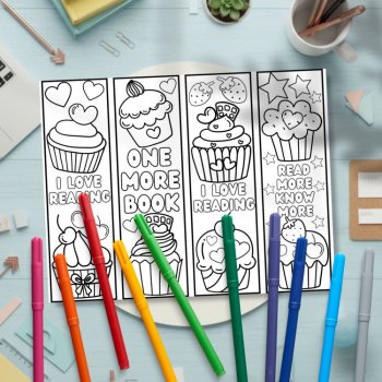 Cupcakes Sweets I Love Reading Coloring Bookmarks Relaxing Calm Craft Reward, image 2