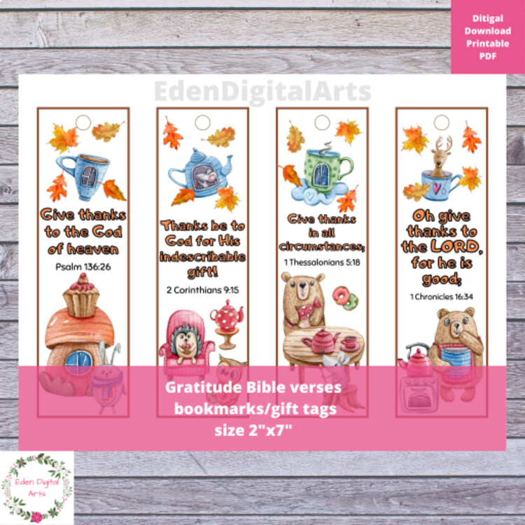 Thanksgiving Gratitude Bible Verse Bookmarks Scripture Gift Tags Cards Animals