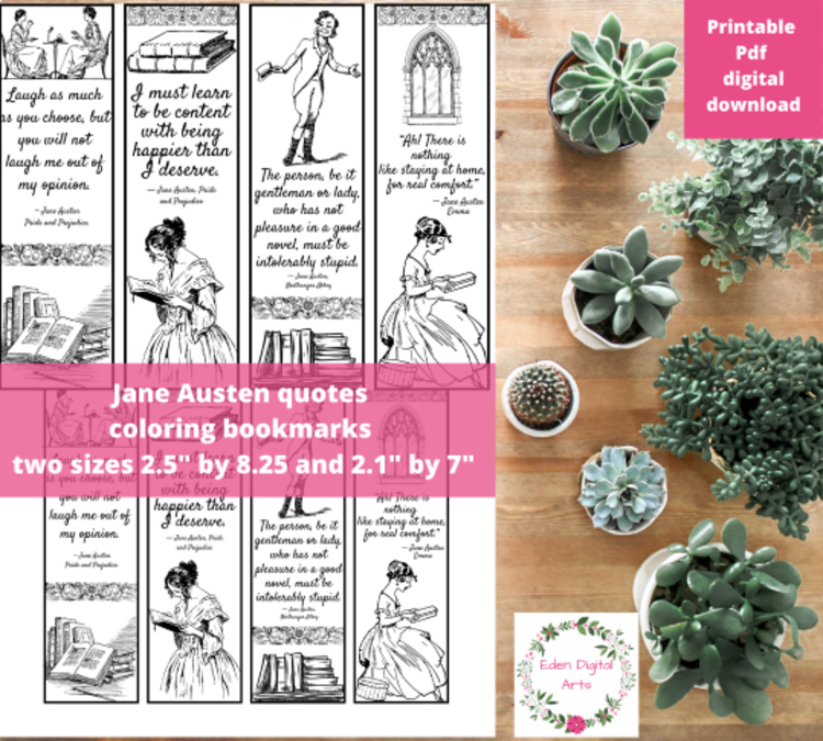 Jane Austen Quotes Coloring Bookmarks Novel Book Club Craft Literary DIY Gift