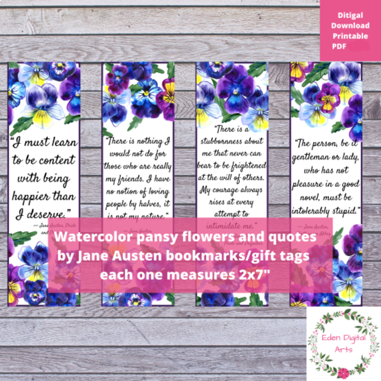 Jane Austen Quotes Bookmarks English Novel Literature Appreciation Pansy Flowers