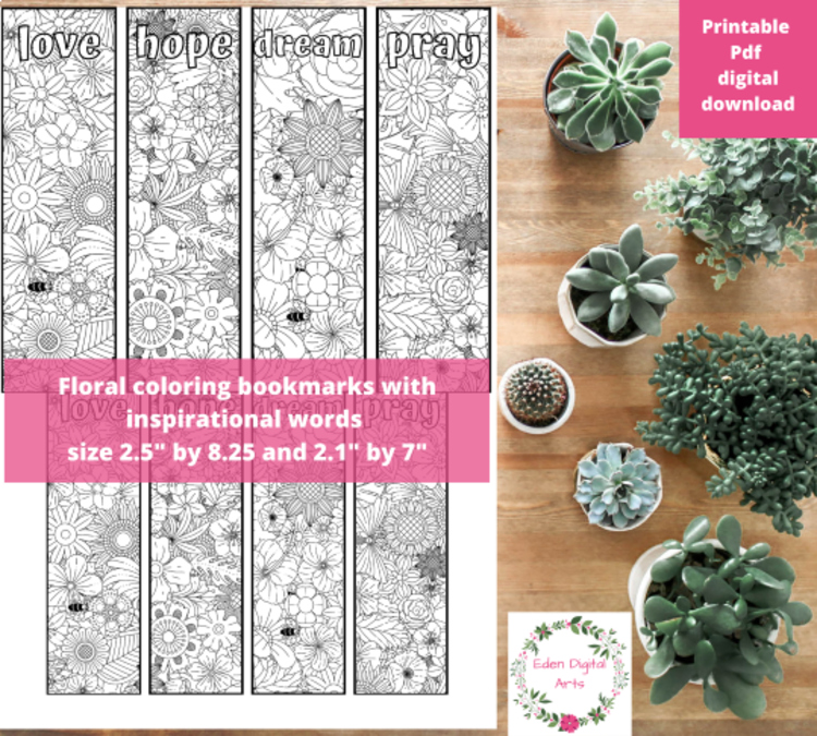 Floral Coloring Bookmarks with Inspirational Words Encouraging Relaxing Activity