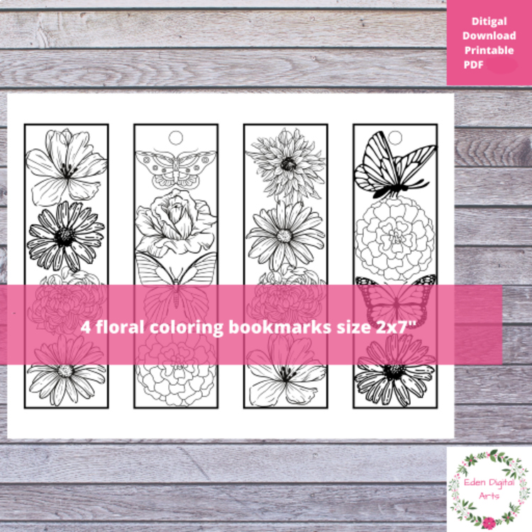 Floral Botanical Coloring Bookmarks Flowers Butterflies Relaxing Activity