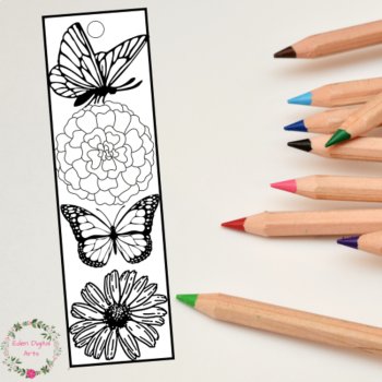 Floral Botanical Coloring Bookmarks Flowers Butterflies Relaxing Activity, image 2