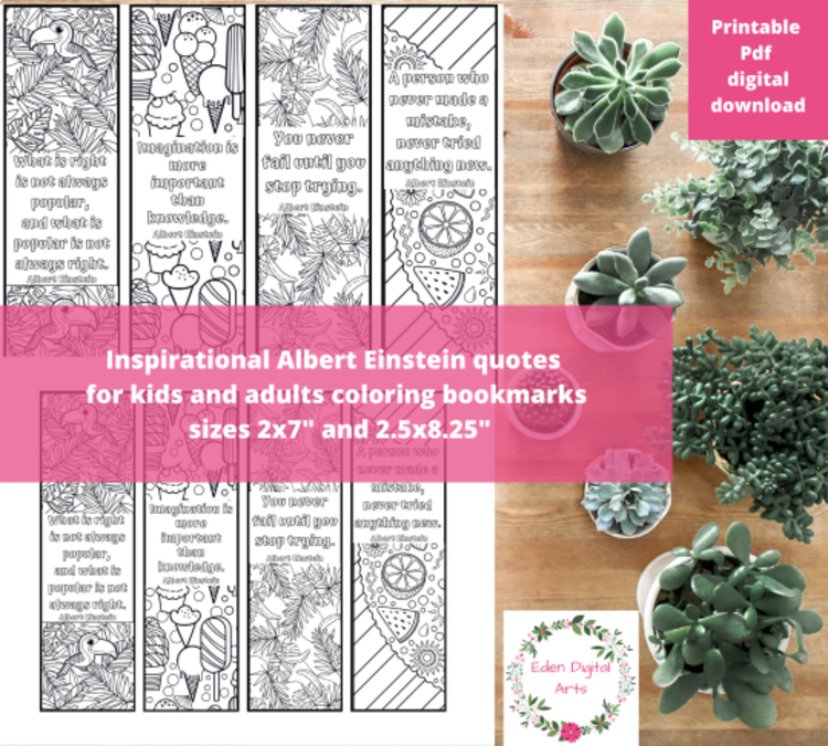 Albert Einstein Inspirational Quotes Coloring Bookmarks Fast Finisher Craft Gift