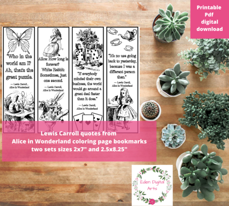 Alice's Adventures in Wonderland Coloring Bookmarks Lewis Carroll Quotes