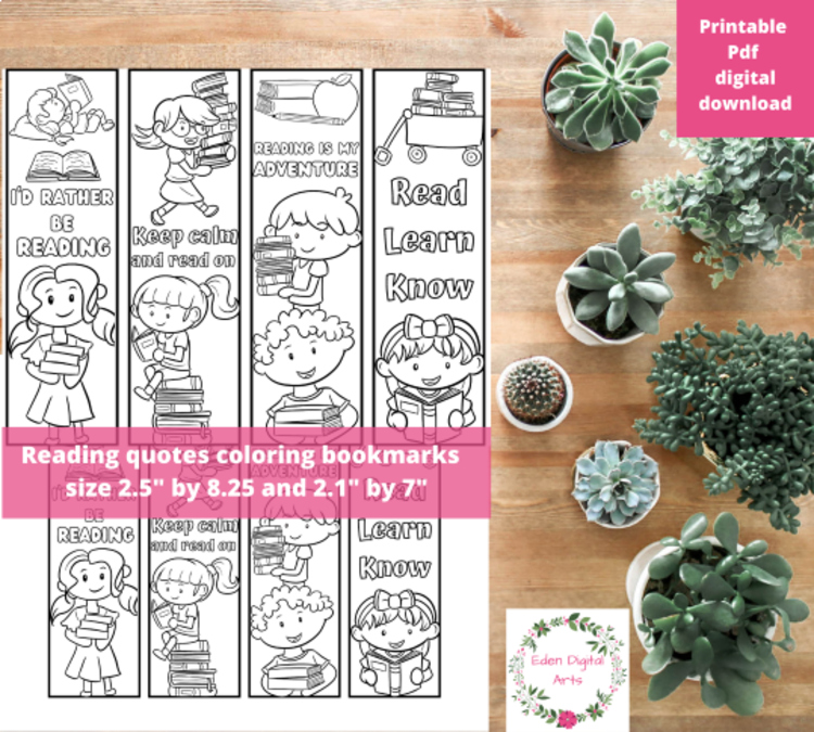 Reading Sayings Coloring Bookmarks, Cute Kawaii Kids Cards Craft, Class Gift