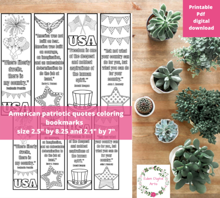 American Patriotic Quotes Coloring Bookmarks USA Presidents Day Independence